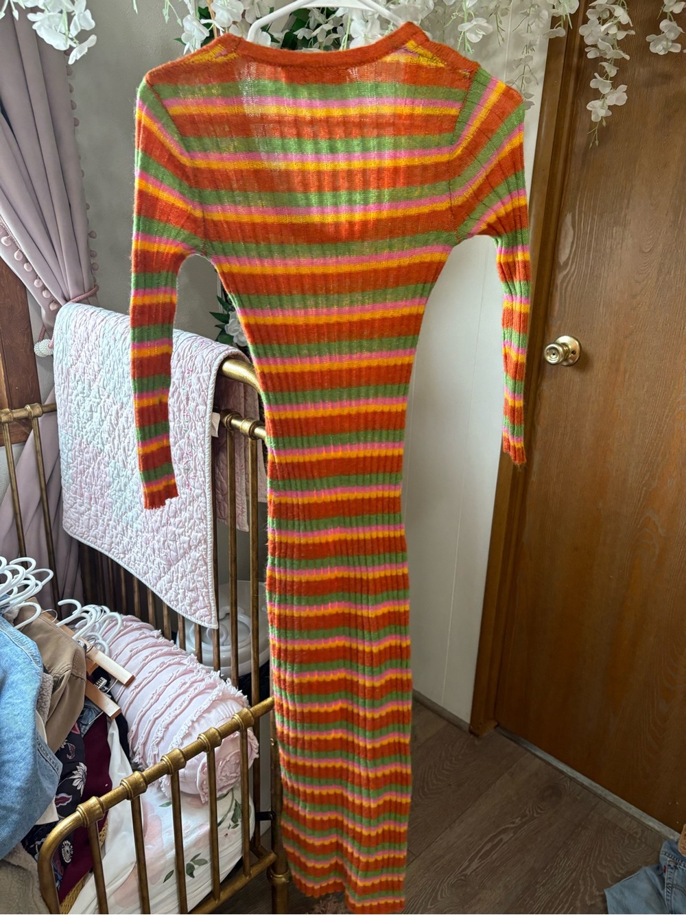 Lisa Says Gah Striped Rib Knit Midi Dress in Orange, Green, Pink - Picture 6 of 7